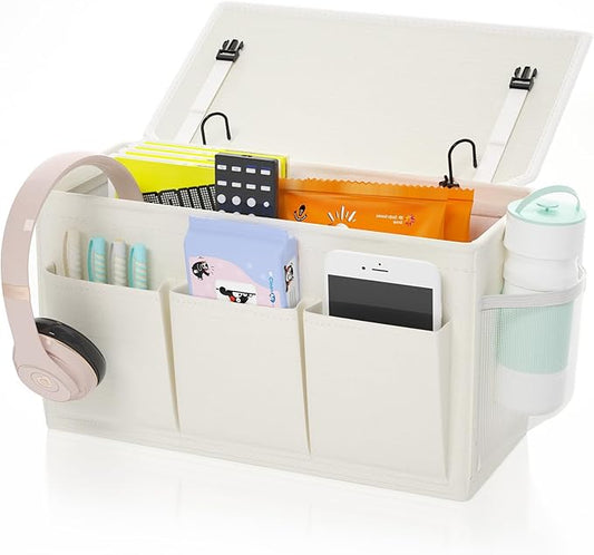 Dual-purpose Bedside Caddy Bedside Organizer, Bed Caddy with 6 Pockets, Versatile Bedside Storage Solution Magazine Remotes holder, ideal for Home, Dorm, Hospital, Crib Bed (White)-NeatNest