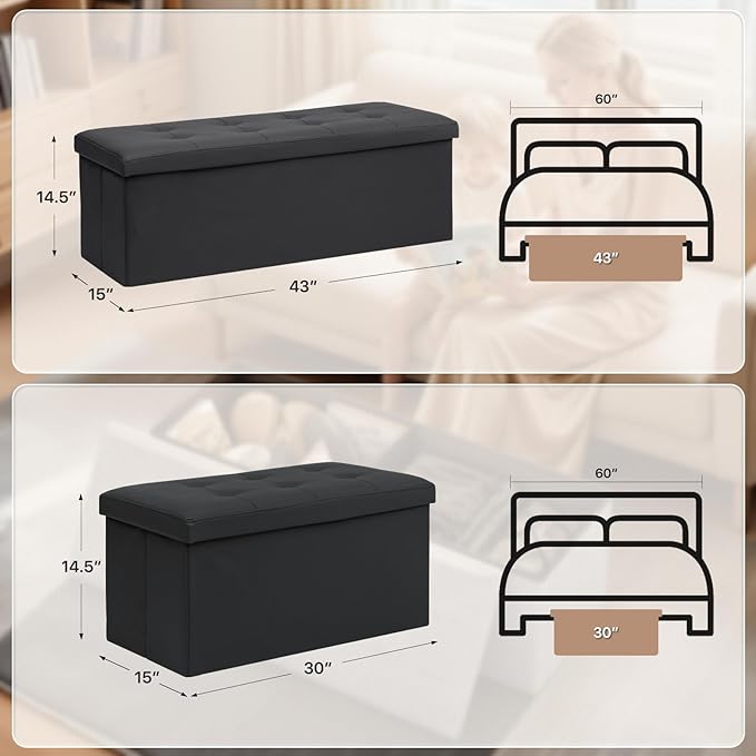 Ottoman Folding Storage Bench, 43x15x15 Inch, Foot Rest Stool for Living Room, Bedroom, Entryway, End of Bed - Multi-Functional Ottoman with Storage Black