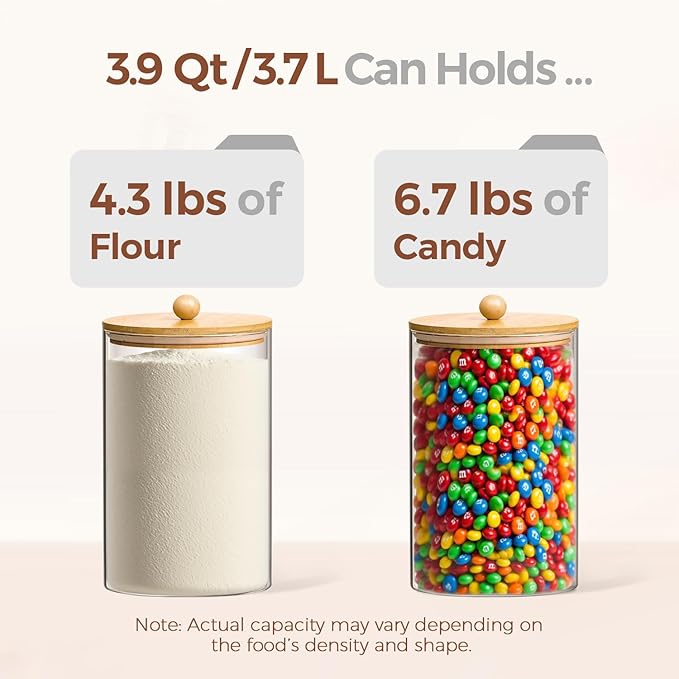 ComSaf 1 Gallon Cookie Jar, Large Glass Jar with lid, Glass Canisters with Lids Set of 2, 3.9 Qt Flour Container with Spoon and Clip, Glass Food Storage Pantry Containers for Sugar Oat Beans Pasta-NeatNest