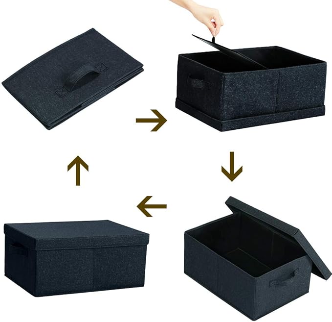 HOONEX Linen Foldable Storage Bins with Lids, 2 Pack, Storage Boxes with Carrying Handles and Sturdy Heavy Cardboard, 16.5" L x 11.8" W x 7.5" H for Shoes, Books, Clothes, Nursery, Dark Grey-NeatNest