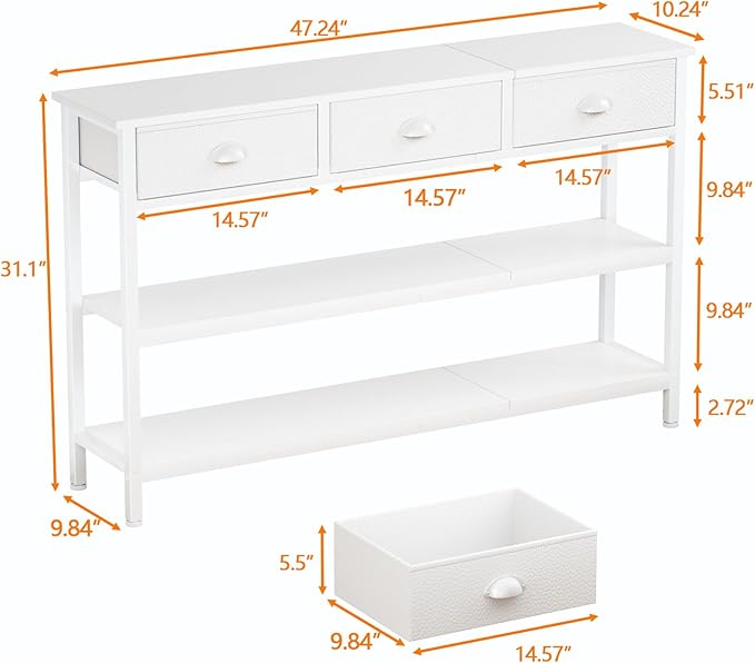 Furologee White Long 47" Console Sofa Table with 3 Drawers, Entryway Table with 3-Tier Storage Shelves, Display Shelf for Entry Way, Hallway, Couch, Living Room, Kitchen, Foyer-NeatNest