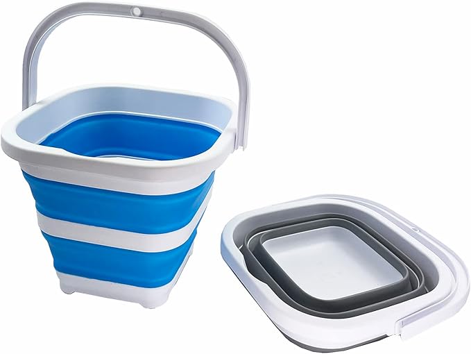 SAMMART Collapsible Rectangular Cleaning Bucket 5L (1.3 Gallon)- Foldable Camping Beach Sand Water Pot Pail- Portable Space Saving Tub for Household, Outdoor Car Washing (Grey + Sky Blue (Set of 2))-NeatNest