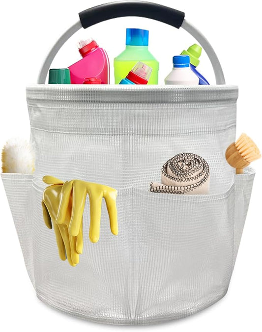 Qivine 17L Cleaning Caddy with Handle, Cleaning Supply Caddy Foldable Tool Bag Cleaning Products Organizers Portable Cleaning Bucket Organiser for Storing Towels (Clear)