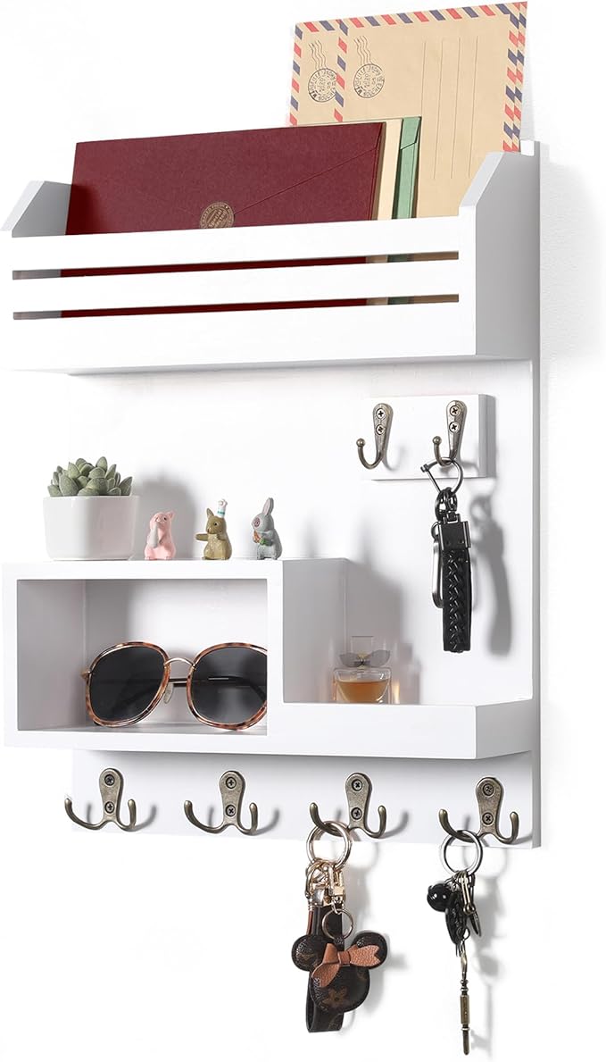 DOPACE Key Holder for Wall, Wall Mounted Mail Organizer with 6 Key Hooks for Sunglasses Storage and Dog Leash Hanger, White