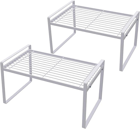 2 Pack Kitchen Cabinet Shelf Counter Organizer Rack Pantry Storage Bathroom Bedroom Office Table Desk Space Saving Steel Frame Stackable Rust Resistant Non Slip White-NeatNest