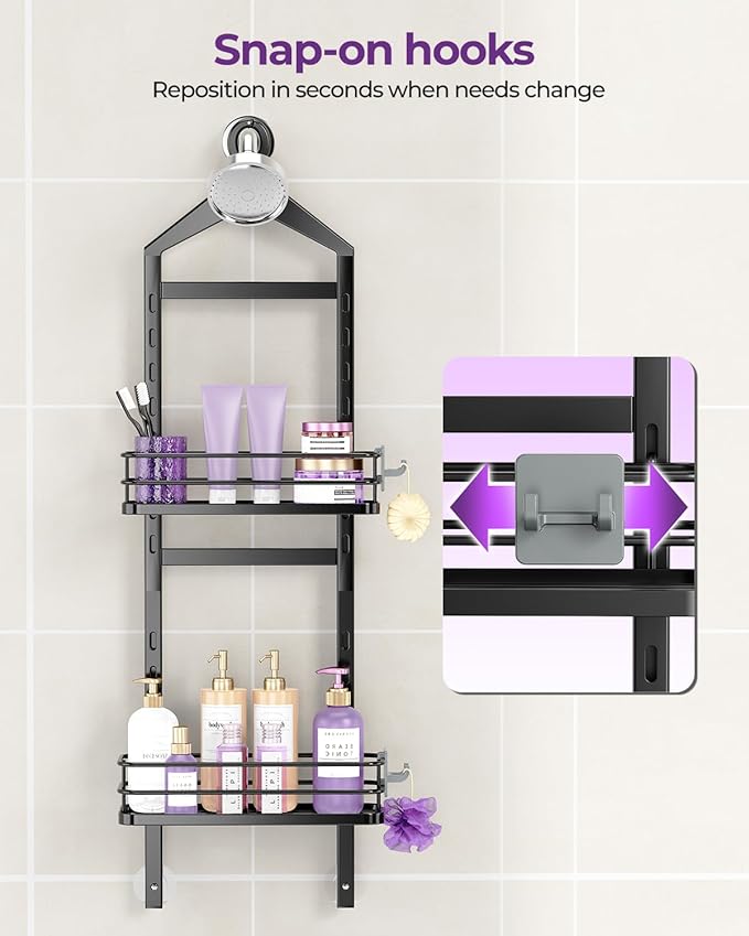 ODesign 2 Tier Height-Adjustable Shower Caddy Hanging Anti-Swing-Over The Shower Head Caddy Storage Organizer Bathroom Shelves Basket-Black