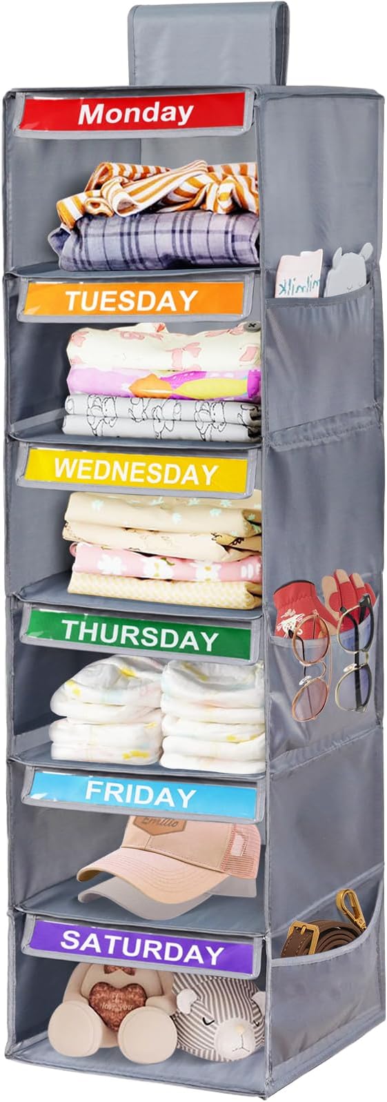6-Shelf Weekly Closet Hanging Organizer for Kids, 6-Grid Days of the Week Baby Kids Clothing Organizer Monday through Saturday, Foldable Oxford Cloth Closet Clothes Weekday Storage (Gray)-NeatNest
