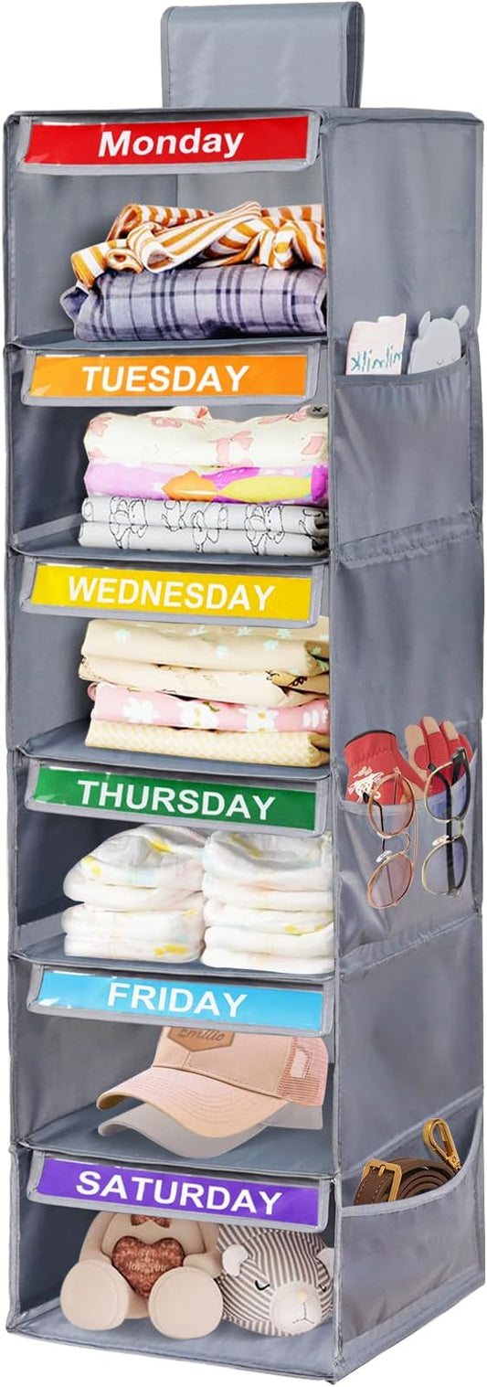 6-Shelf Weekly Closet Hanging Organizer for Kids, 6-Grid Days of the Week Baby Kids Clothing Organizer Monday through Saturday, Foldable Oxford Cloth Closet Clothes Weekday Storage (Gray)-NeatNest