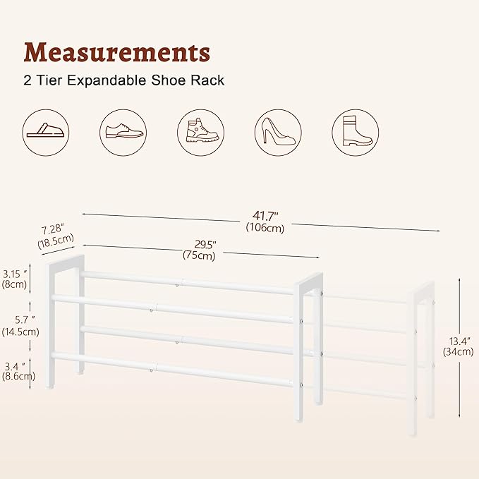 FAVOOSTY 2-Tier Expandable Shoe Rack, Adjustable Shoe Shelf Storage Organizer Space Saving Metal Free Standing Shoe Rack for Entryway Closet Doorway, White-NeatNest