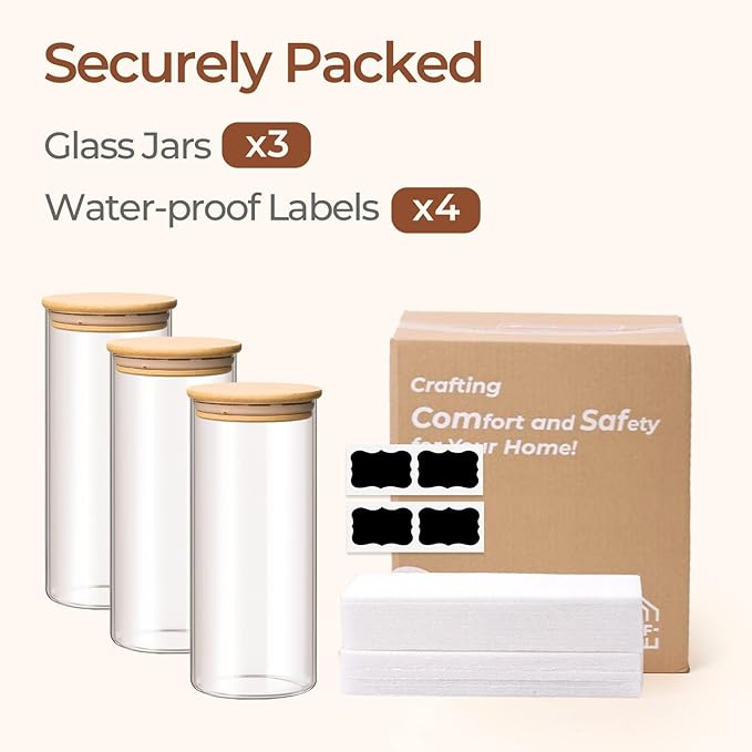 ComSaf 1.7 Qt Glass Storage Containers with Lids, Glass Jars with Lids, Clear Food Storage Jar, Round Canister Set of 3, Pantry Organizers for Pasta Flour Cookie Rice Tea Coffee Bean-NeatNest