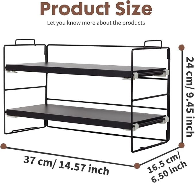 PowerKing Desk Shelf Organizer, 2-Tier Desktop Shelves with Wood Board, Adjustable Bookshelf Storage Rack for Home Office School Study Room (Black Frame + Black Wood)-NeatNest
