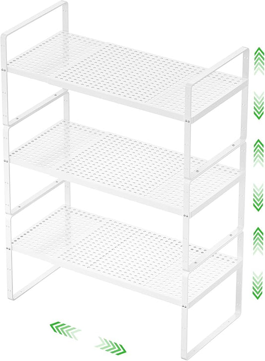 Expandable Cabinet Storage Shelf Stackable Organizer Rack for Kitchen Bathroom Pantry Spice Cupboard Coffee Countertop Home Office Desk Heavy Duty Nonslip White Large 3 Packs-NeatNest