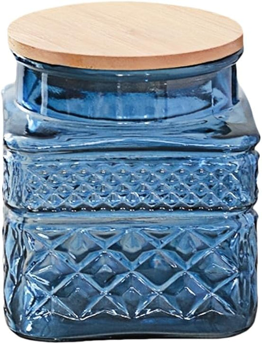 20.3oz Square Glass Canister, Candy Jar with Lid, Glass Food Storage Container for Ground Coffee, Tea, Sugar, Decorative Mason Jar Cute Jars (Blue)