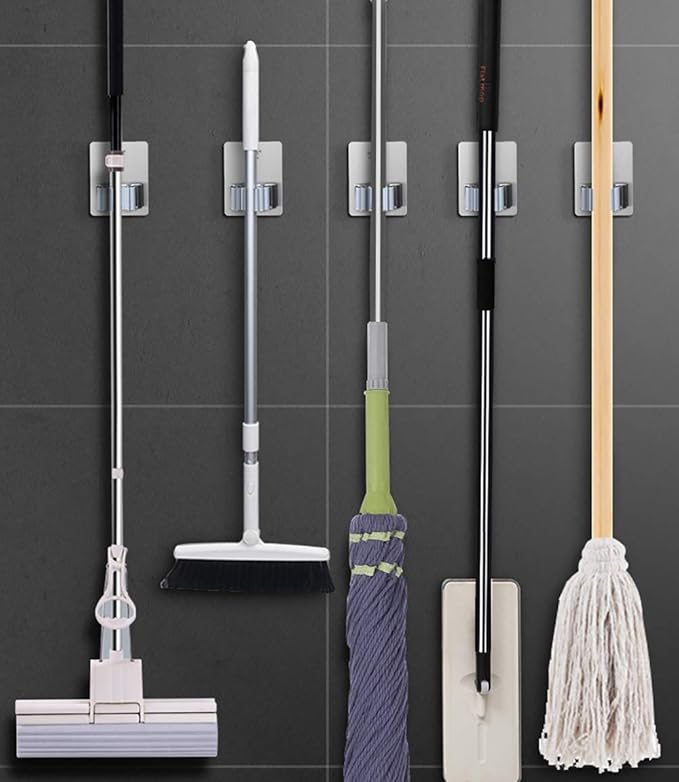 Broom and Mop Holder Wall Mounted, Stainless Steel Self-Adhesive Single Broom Hanger Hook,Organizer Rack for Kitchen Garage Closet Pantry Refrigerator,Rectangle - Gray (4 Pack)