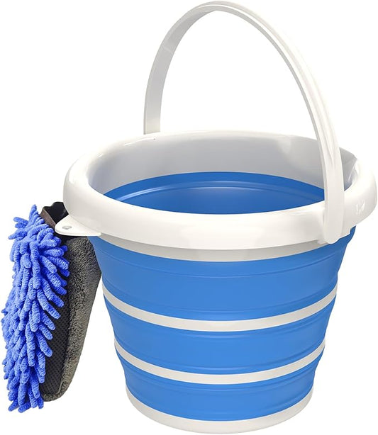 Collapsible Car Wash Bucket with Microfiber Mitt, 10L (2.6 Gallon) Portable Water Bucket with Handle for Car Wash Household Cleaning, Multiuse Collapsible Water Bucket and Car wash mitt - Blue-NeatNest