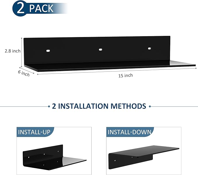 15 Inches Acrylic Wall Shelves 2 Pack, Floating Shelf for Wall Mounting, Acrylic Display Ledges for Funko Pop Figures, Home Décor, Living Room, Gaming Room, Plants(15 inch, Black)-NeatNest