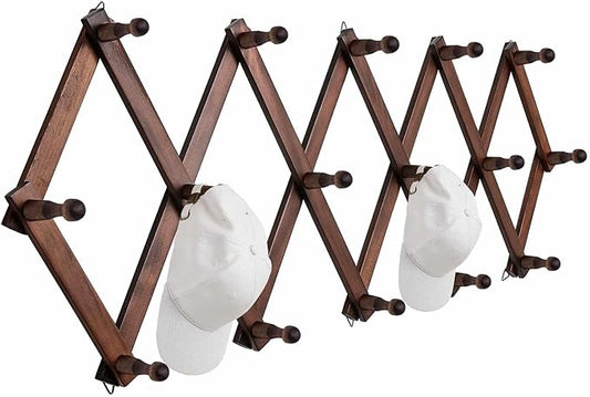 Hat Rack for Wall, Expandable Wall Hat Holder with 16 Hooks, 16 inch Wooden Wall Hook for Baseball Caps,Cowboy, Bag,Hoodie(Brown)-NeatNest