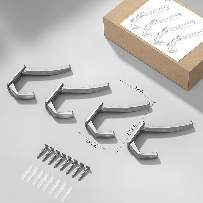 Heavy Duty Wall Hooks, 5.7 Inch Large Coat Hooks, 6 Packs Towel Hooks for Hanging in Bathroom, Bedroom, Entryway, Kitchen, etc (Silver, 4 Pack)