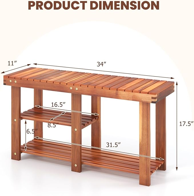 Tangkula 3-Tier Shoes Rack Bench, Entryway Storage Bench Shoes Organizer with Seat, Shoe Shelf for Boots, Acacia Wood Bench for Hallway, Bathroom, Living Room, Corridor Garden-NeatNest