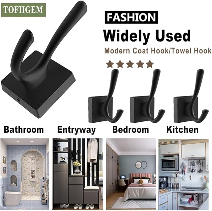 Black Wall Hooks - Coat & Towel Hooks (4 Pack, Heavy Duty, Modern Style)-NeatNest