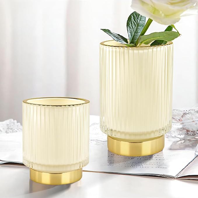 DASITON Makeup Brush holder Organizer,Crystal Cosmetic Makeup Brush Glass Brushes Storage Holder, Vintage Make Up Brush Cup Pen Pencil Holder striped vase(Cream S)-NeatNest