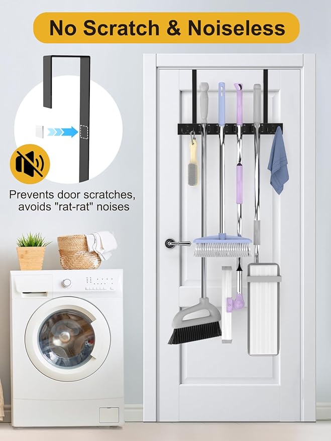 Broom Holder Door Mount, Over the Door Broom and Mop Holder, Drilling-Free Wood Mop Holder with 2 over Door Hooks, 4 Slots & 4 Hooks Rusticfor Garage, Closet, Laundry (Black*2)-NeatNest