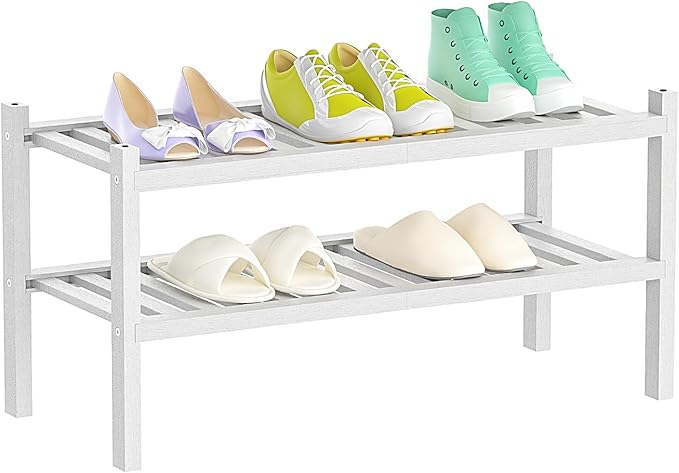 Shoe Rack 2-Tier Organizer-Stackable Storage Shelf with Multi-Function Combinations-Free Standing Bamboo Shoe Racks for Closet,Entryway,Hallway,Bathroom,Living Room Shoe Organization (White, 2-Tier)-NeatNest