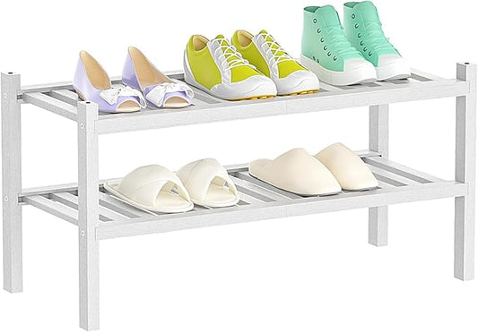 Shoe Rack 2-Tier Organizer-Stackable Storage Shelf with Multi-Function Combinations-Free Standing Bamboo Shoe Racks for Closet,Entryway,Hallway,Bathroom,Living Room Shoe Organization (White, 2-Tier)-NeatNest