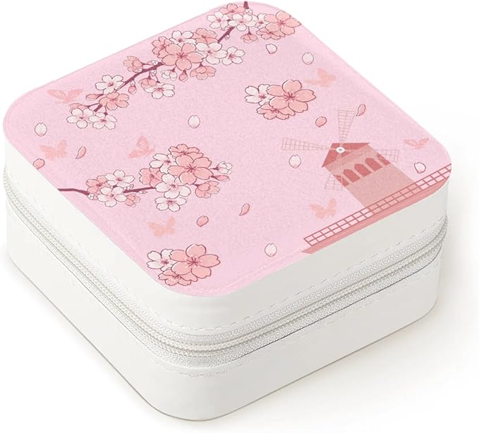 Cherry Blossom Travel Jewelry Organizer, Necklace Box with Mirror, Leather Mini Travel Jewelry Case, Best Present for Women's and Girls-NeatNest