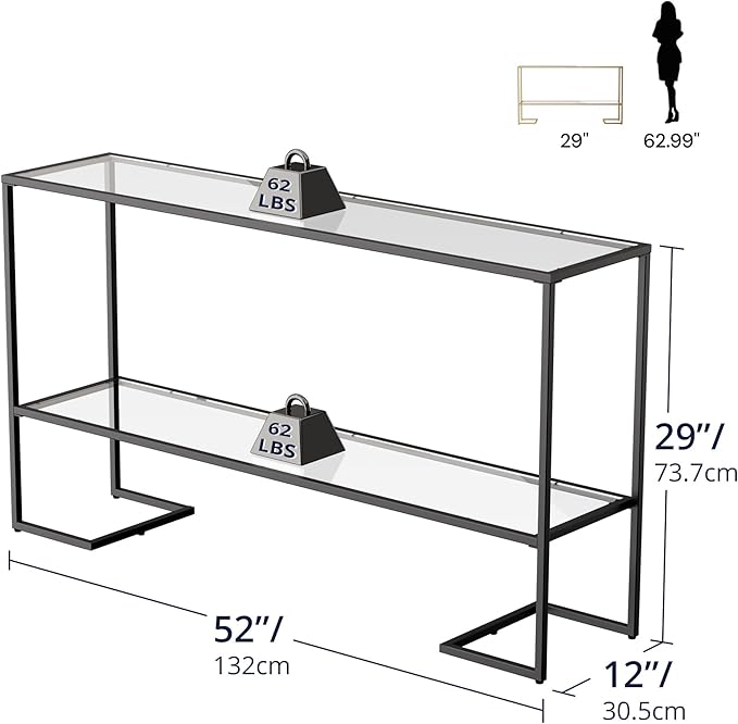 Cozy Castle 52" Console Table, 2-Tier Narrow Tempered Glass Sofa Table with Metal Frame for Living Room, Hallway, Bedroom, Black-NeatNest