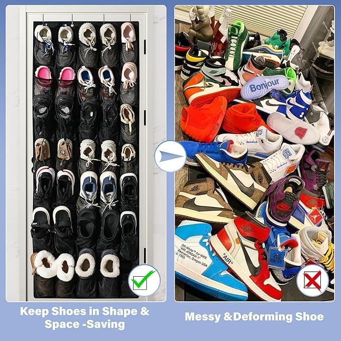 Over the Door Shoe Organizer, 24 Large Breathable Mesh Pockets, Hanging Storage Holder, Hanging Shoe Organizer(Black)-NeatNest