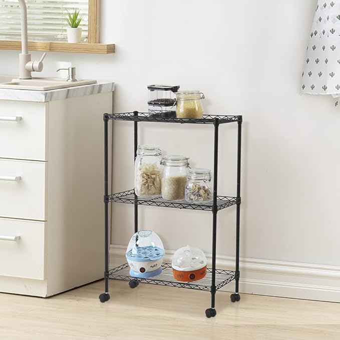3 Tier Adjustable Storage Shelf Metal Storage Rack Wire Shelving Unit Storage Shelves for Pantry Closet Kitchen Laundry Bathroom (Black-3-Tier)