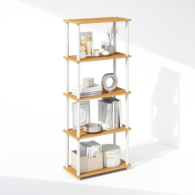Furinno Turn-N-Tube 5-Tier Multipurpose Compact Bookcase, Beech/White-NeatNest