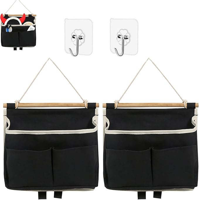 2Pcs Wall Hanging Storage Caddy Bag,Over Door Hanging Storage Bags Wall Mount Hangable Organizer，File Magazine Waterproof Linen Cotton Fabric Living Room Bedroom Bathroom (Black)…-NeatNest