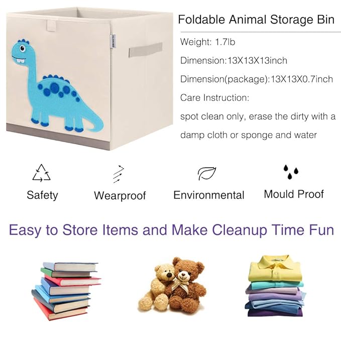 CLCROBD Foldable Animal Cube Storage Bins Fabric Toy Box/Chest/Organizer for Kids Nursery, 13 inch (Dinosaur)-NeatNest