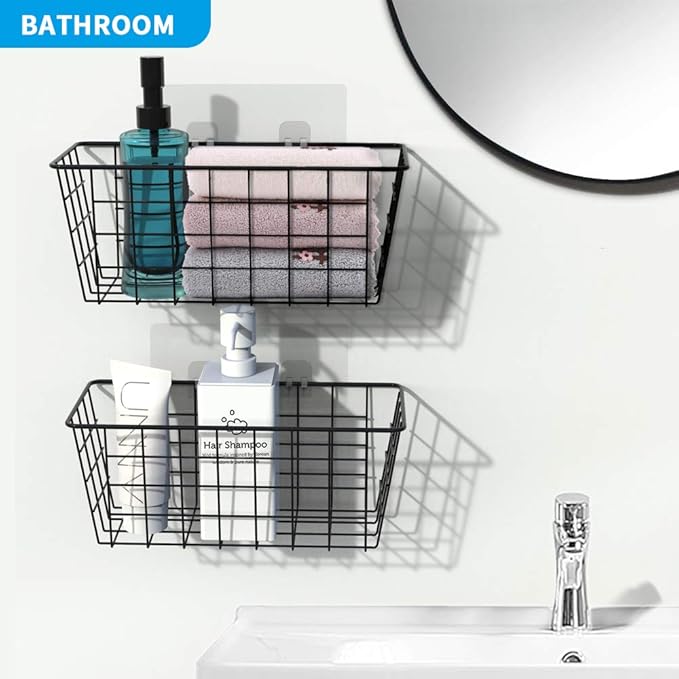 MaraFansie Hanging Kitchen Baskets Wire Storage Basket Over the Cabinet Door Organizer, No Drilling Adhesive Basket for Cabinet Pantry Organization and Kitchen, Bathroom, Storage, 2 Pack, Black-NeatNest
