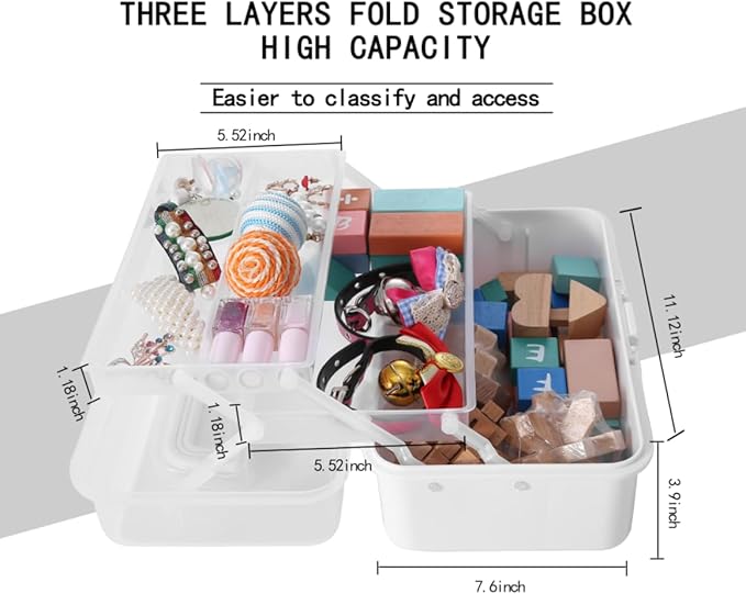11(in) Versatile Three-Layer Folding Organizer Box,Ideal for Art & Crafts,Toys,Sewing Supplies,Jewelry and Tools,Storage with Dual Trays,Elegant White
