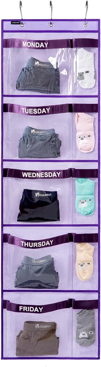Weekly Kids Clothes Organizer Day of Week School Clothing Storage Monday to Friday Hanging Closet Organizer (Purple)-NeatNest
