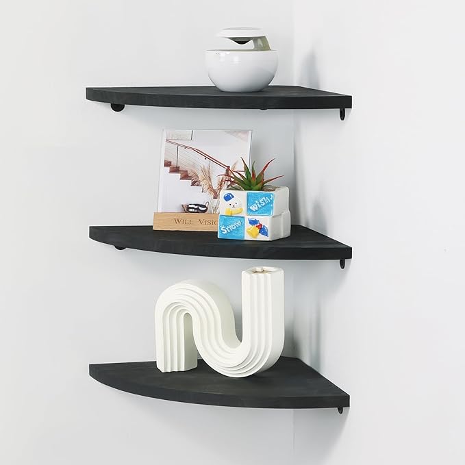 Joiishom Corner Wall Shelf Set of 3, Floating Corner Shelves, Rustic Wood Wall Storage Display Shelves for Living Room Bedroom Bathroom Kitchen (Round Edge-Black)-NeatNest