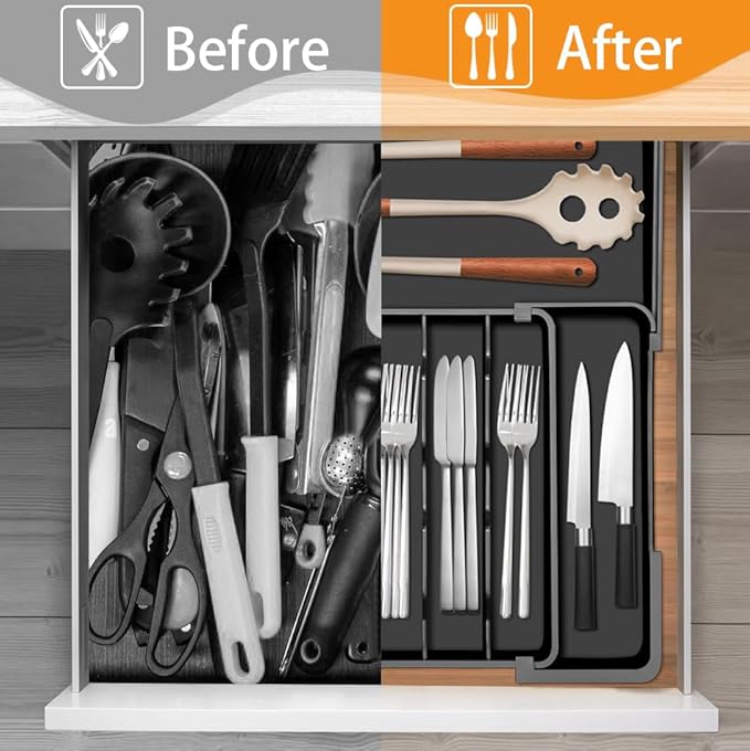 Homecor Silverware Organizer Expandable Kitchen Drawer Organizer with 7 Slots, BPA Free Cutlery Utensil Drawer Organizer, Kitchen Utensil Storage Tray for Forks Knives Spoons, Anti-Slip, Black-NeatNest