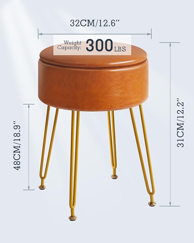 IBUYKE Faux Leather Round Footrest Stool with Storage Ottoman, Makeup Vanity Chair Side Table, PU Dressing Table Seat, Removable Cover, Golden Steel Legs, Light Brown WBD024J