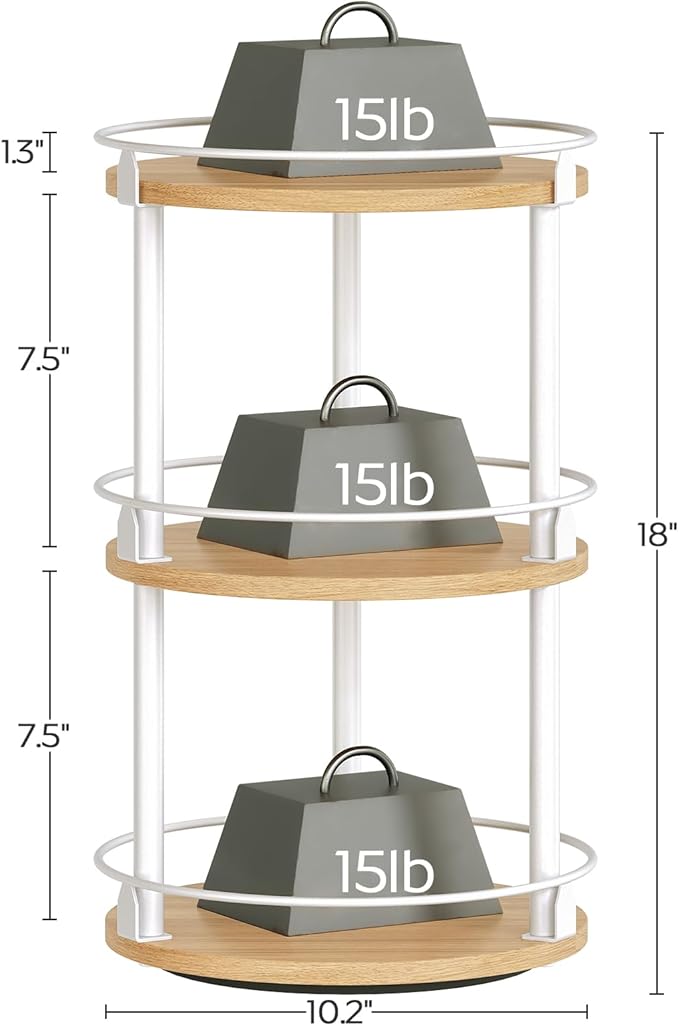 3-Tier Lazy Susan Organizer, Rotating Spice Rack, Spinning Organizer, Industrial Turntable Spice Rack Organizer for Cabinet, Kitchen Countertop, Pantry, White and Natural SR23WN-NeatNest