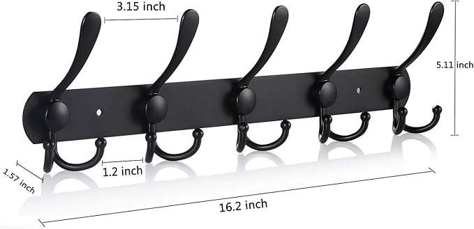 Coat Rack Wall Mounted,5 Tri Stainless Steel Coat Hook for Coat Hat Robes Towel in Mudroom Entryway (Black, 2 Pack 5 Hook)-NeatNest