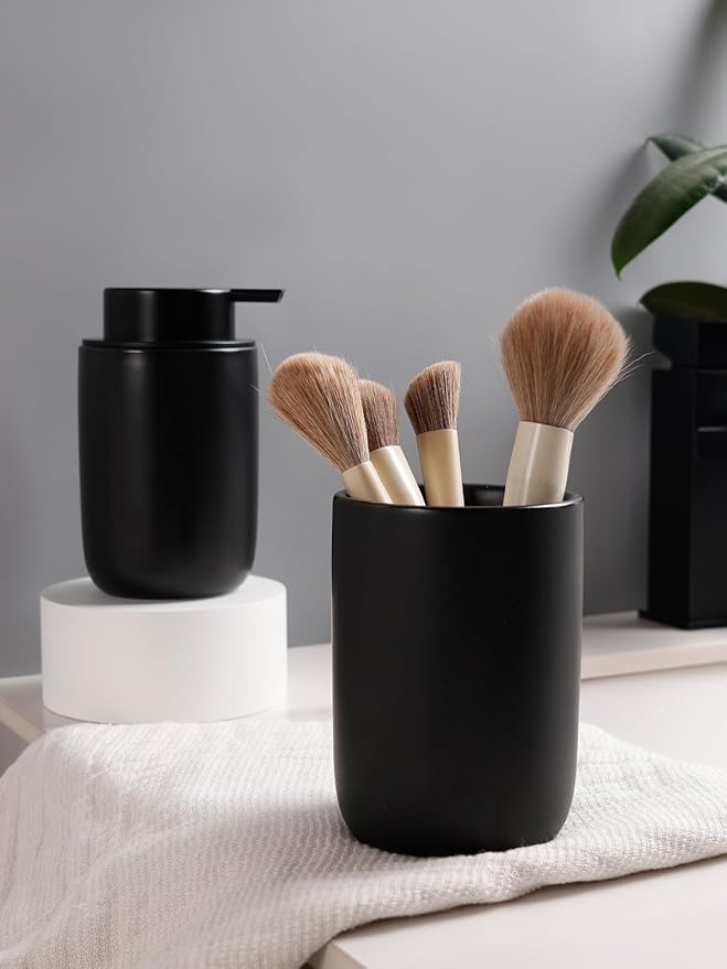 Bosilunlife Soap Dispenser and Toothbrush Holder Set - Dish Hand Soap Dispenser Bathroom Set Ceramic Bathroom Counter Soap Toothbrush Holder Set Black Bathroom Accessories Set-NeatNest
