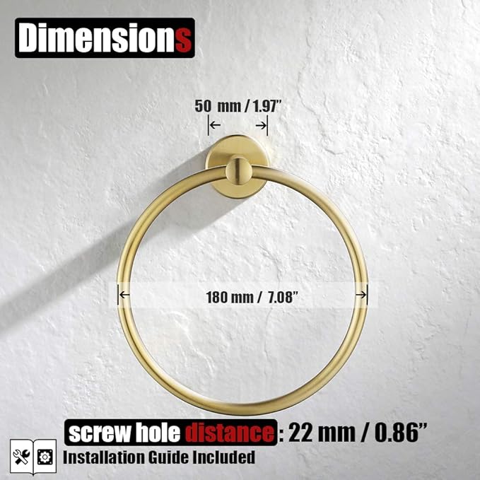 JQK Towel Ring Brass Gold, 304 Stainless Steel Hand Towel Holder for Bathroom, Brushed Gold Wall Mount, TR130-BG
