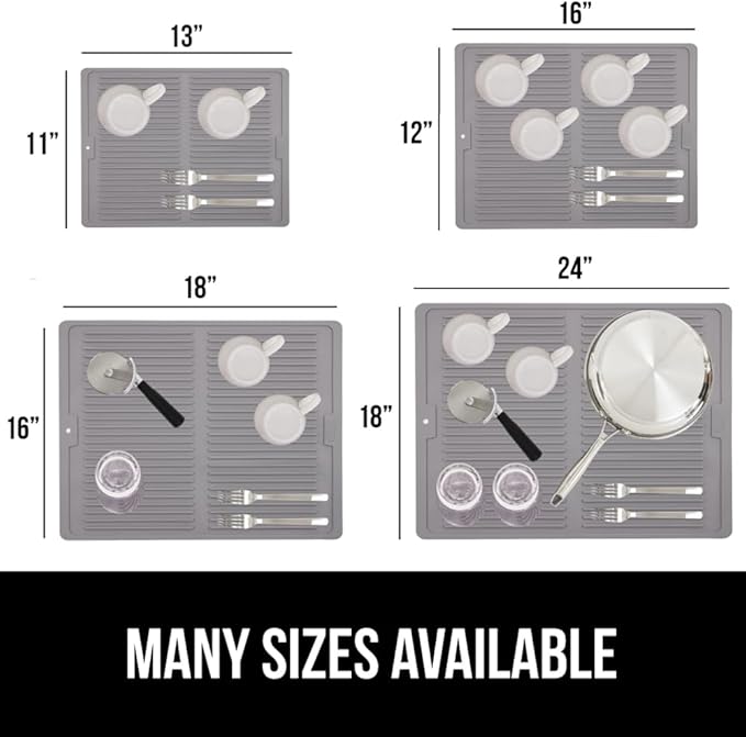 GORILLA GRIP 100% BPA-Free Patented Silicone Dish Drying Mat for Kitchen Counter, Water Catching Ribbed Design, Easy Clean Waterproof Sink Liner, Heat Resistant, Fits Under Rack, 16x12 Inch, Gray