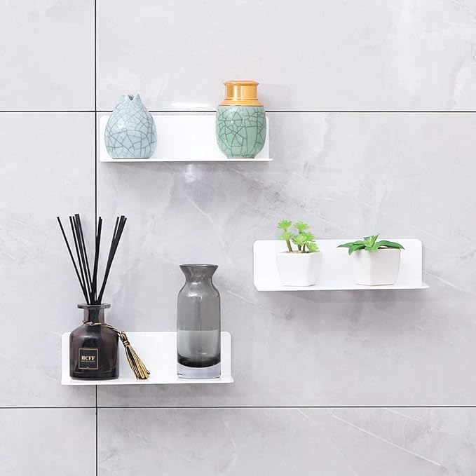 IEEK 9 Inch Acrylic Floating Shelves Set of 4,Small Wall Display Shelf for Bluetooth Speakers/Security Cameras/Nintendo Switch/Action Figures,Damage-Free Wall Shelves Stick-On Shelf,White-NeatNest