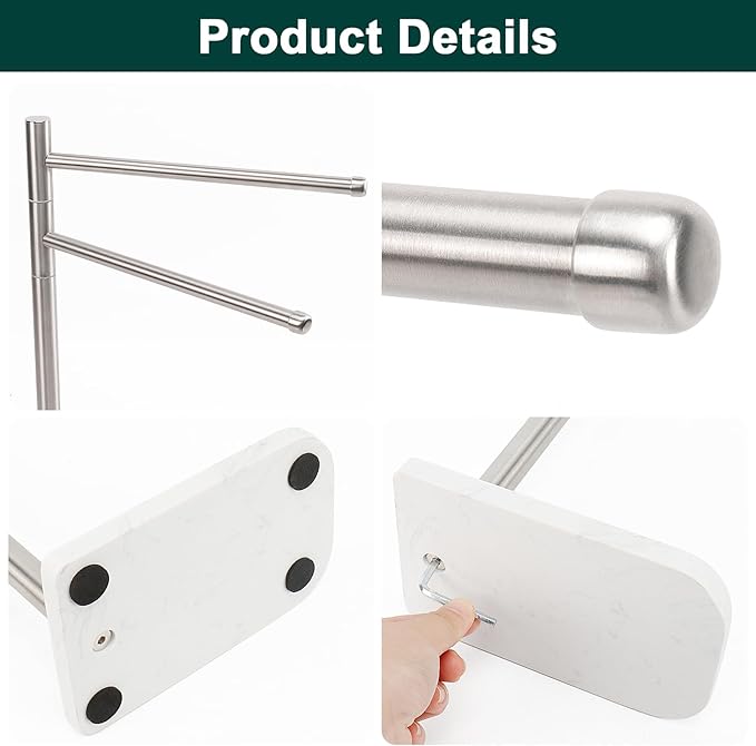 Hand Towel Holder, F-Shape Hand Towel Stand with Marble Base, Stainless Steel Swivel Hand Towel Rack Standing Towel Bar for Bathroom Kitchen Countertop, 2 Arms (Brushed Nickel)