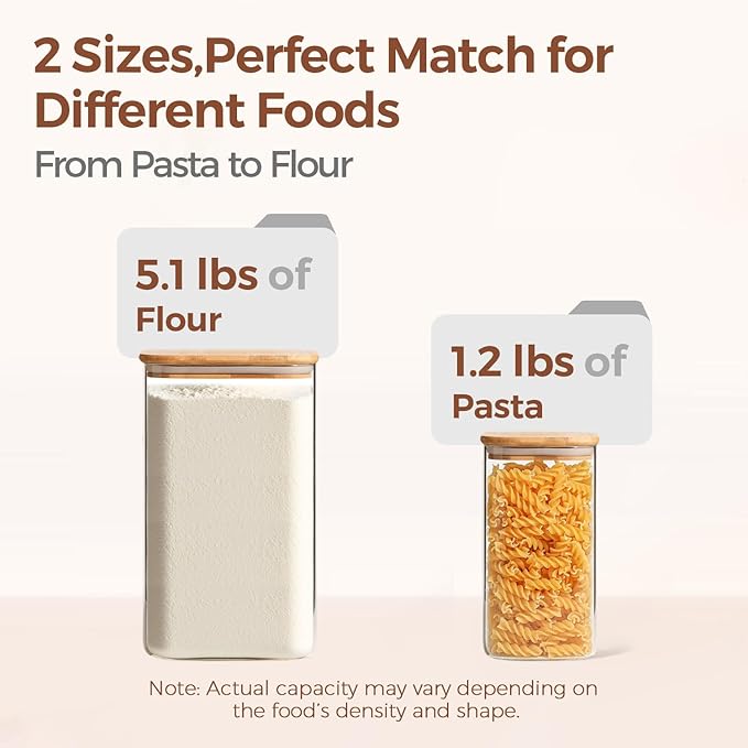 ComSaf Glass Pantry Storage Containers, 4.6Qt/1.6Qt Large Square Flour and Sugar Containers with Airtight Lids, 1.2 Gallon Glass Jars with Bamboo Lids for Rice, Pasta, Cookies, Coffee Beans-NeatNest
