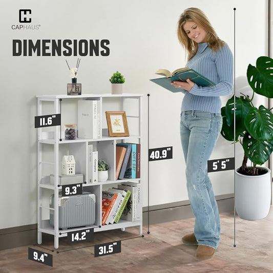 CAPHAUS 7 Cube Storage Organizer, 32” Wide 3 Tier White Industrial Open Shelf Bookcase, Display Shelf, Horizontal Bookshelf with Metal Frame, Wooden Board, for Living Room, Bedroom, Office-NeatNest